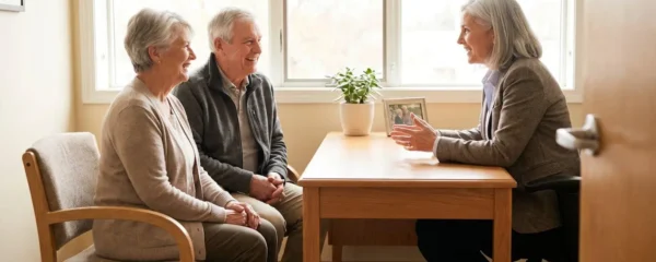 Un couple de seniors échangeant avec un médecin généraliste dans un cabinet lumineux, symbolisant la prise en charge santé à la retraite