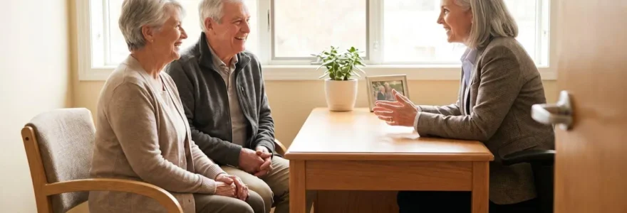 Un couple de seniors échangeant avec un médecin généraliste dans un cabinet lumineux, symbolisant la prise en charge santé à la retraite