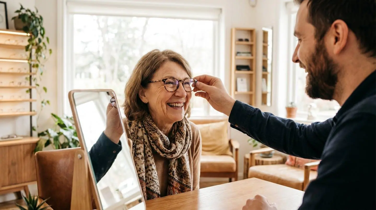 Une femme senior d'environ 60 ans essayant des lunettes progressives chez un opticien, illustrant les remboursements optiques des mutuelles seniors
