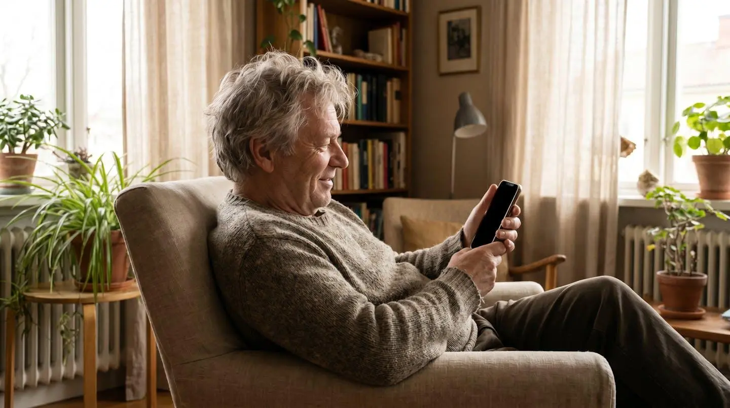 Un homme senior d'environ 67 ans consultant son application mobile de remboursement mutuelle dans un salon lumineux, illustrant la gestion numérique de sa complémentaire santé